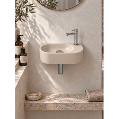 QeramiQ Fuente fonteinset – halfrond – 40x21.5x12 cm – keramiek beige – kraangat rechts – chromen kraan