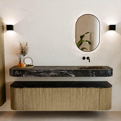 MONDIAZ THOR-DLUX Meuble de salle de bains 180cm arrondi gauche + droite couleur Dusk avec 2 tiroirs et 2 portes. Vasque suspendue CLOUD Droite sans trou de robinet couleur Lava.