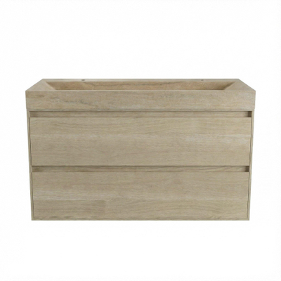 Forzalaqua Ibiza Ensemble meuble de salle de bains - 120x50x70cm - 2 tiroirs - lavabo en travertin - 2 trous de robinet - jeu de supports - bouchon de vidage - smoke