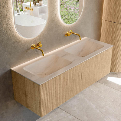 MONDIAZ KURVE-DLUX Meuble de salle de bains 130cm couleur Chêne avec 2 tiroirs et 0 portes. Lavabo LEAF Double sans trou de robinet Meli.