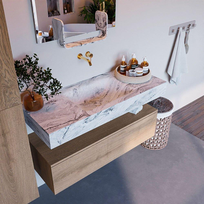 Mondiaz ALAN-DLUX Ensemble de meuble - 110cm - meuble Washed Oak mat - 1 tiroir - Lavabo Cloud Glace suspendu - vasque Centre - 0 trous de robinet