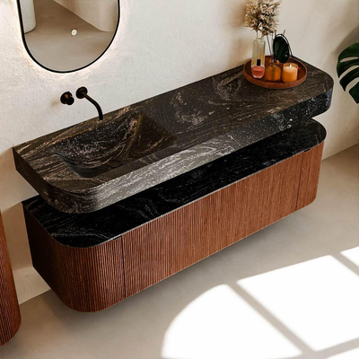 MONDIAZ THOR-DLUX 160cm meuble de salle de bains arrondi gauche + droite couleur Ruby avec 1 tiroir et 2 portes. Vasque suspendue CLOUD Gauche sans trou de robinet couleur Lava.