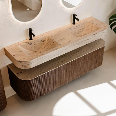 MONDIAZ THOR-DLUX 160cm meuble de salle de bains arrondi gauche + droite couleur Walnut avec 1 tiroir et 2 portes. Vasque suspendue CLOUD Double 2 trous de robinet couleur Arena.