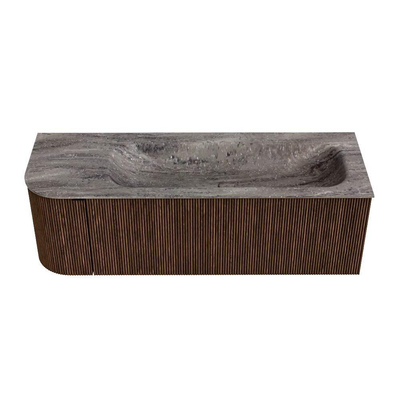 MONDIAZ KURVE-DLUX 135cm badmeubel ronding Links kleur Walnut met 1 lade en 1 deur. Wastafel BIG MEDIUM Rechts zonder kraangat Oza.