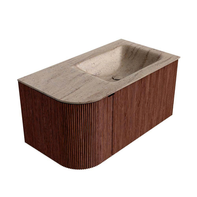 MONDIAZ KURVE-DLUX Meuble de salle de bains 85cm arrondi gauche couleur Ruby avec 1 tiroir et 1 porte. Lavabo CLOUD à droite sans trou de robinet Saba.