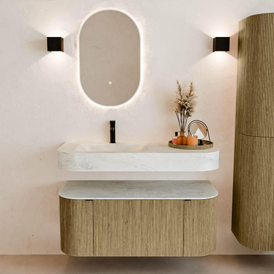 MONDIAZ THOR-DLUX Meuble de salle de bains 110cm arrondi gauche + droite couleur Dusk avec 1 tiroir et 2 portes. Vasque suspendue CLOUD Gauche 1 trou de robinet couleur Opalo.