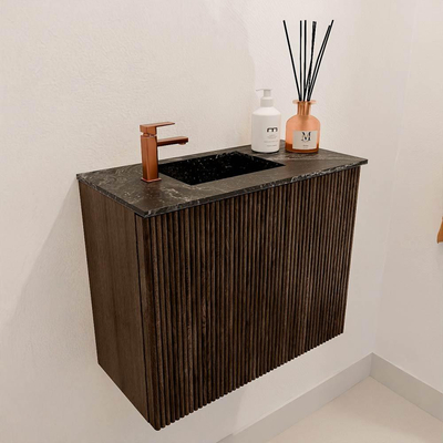 Mondiaz JOYA-DLUX 50cm toiletmeubel - kleur Walnut - Wastafel FAYE positie Links 1 kraangat kleur Lava.