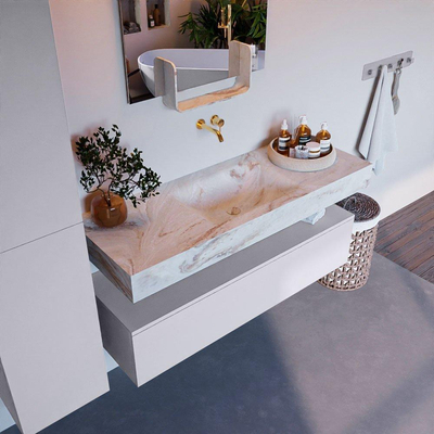 Mondiaz ALAN-DLUX Ensemble de meuble - 130cm - meuble Cale mat - 1 tiroir - Lavabo Cloud Frappe suspendu - vasque Centre - 0 trous de robinet