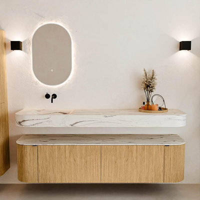 MONDIAZ THOR-DLUX 180cm badmeubel ronding links + rechts kleur Oak met 2 lades en 2 deuren. Vrijhangende wastafel CLOUD Links zonder kraangat kleur Nata.