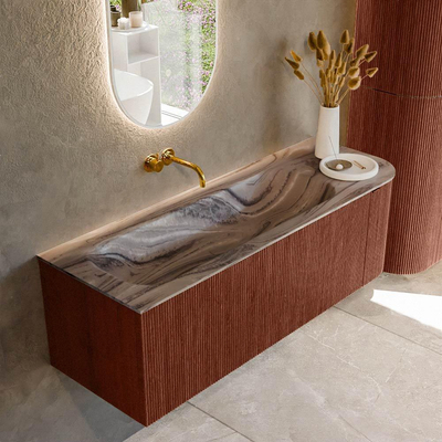 MONDIAZ KURVE-DLUX 135cm badmeubel ronding Rechts kleur Ruby met 1 lade en 1 deur. Wastafel BIG MEDIUM Links zonder kraangat Sombra.
