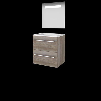 Basic-Line Economic 46 ensemble de meubles de salle de bain 60x46cm avec poignées 2 tiroirs lavabo acrylique 0 trous de robinetterie miroir éclairage led intégré mfc scotch oak