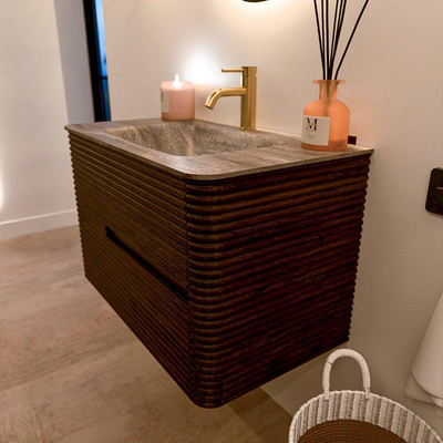 Mondiaz CIRO-DLUX Badkamermeubelset - 80x45x50cm - Solid surface wastafel Oza - 1 wasbak Midden - 1 kraangat - 2 lades - Walnut