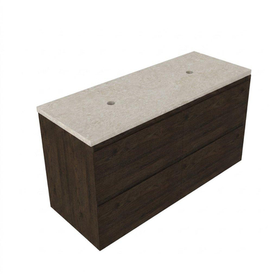 Saniclass Holz Pure Ensemble de meubles de salle de bains - 120x45x63cm - plan de toilette en pierre naturelle travertin - sans trou de robinet - 4 tiroirs - chêne charcoal mat (bois)