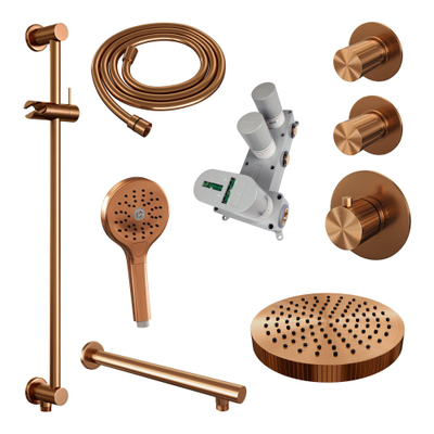 BRAUER Stripe Thermostatische Inbouw Regendouche - SET 10 - 25cm douchekop - rechte muurarm - 3-standen handdouche - doucheslang - geïntegreerde glijstang - koper geborsteld PVD
