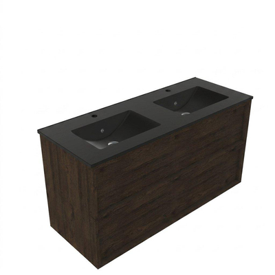 Saniclass Holz Frame Ensemble meuble de salle de bains - 120x45x62cm - Lavabo Vygo en céramique noir - 2 vasques - 2 trous de robinet - 2 tiroirs - chêne charcoal mat (bois)