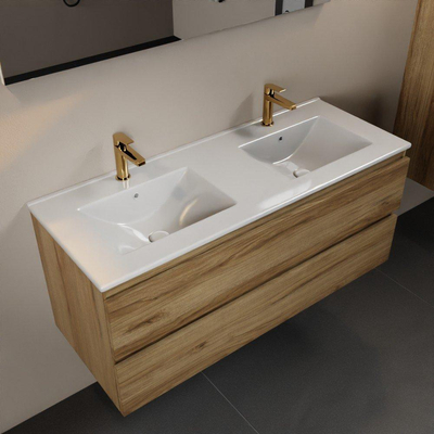 Mondiaz Aivy ensemble de meuble de salle de bain - 120x45x50cm - 2 trous de robinet - 2 vasques talc Céramique - Gauche et droite - 2 tiroirs - Avec miroir - Mélamine Chai