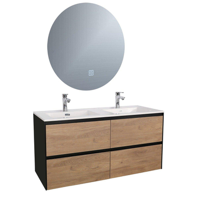Adema Industrial Badmeubelset 120x45.5x58cm met overloop hout/zwart inclusief ronde spiegel 120cm