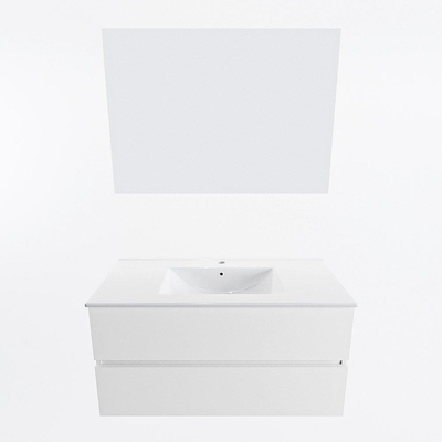 Mondiaz VICA ensemble de meuble de salle de bain - 100cm - meuble sous-vasque talc - 2 tiroirs - lavabo denia milieu - 1 trou de robinet - couleur Blanc Brillant - miroir LED - version XL 60cm haut