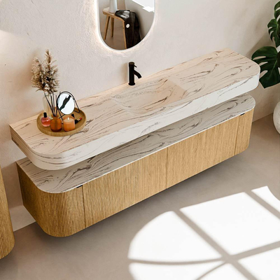 MONDIAZ THOR-DLUX 190cm badmeubel ronding links + rechts kleur Oak met 2 lades en 2 deuren. Vrijhangende wastafel CLOUD Midden 1 kraangat kleur Nata.