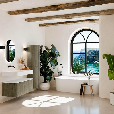 MONDIAZ THOR Meuble de salle de bains 110cm arrondi gauche + droite couleur Shadow avec 1 tiroir et 2 portes. Vasque suspendue CLOUD Gauche sans trou de robinet couleur Talc.