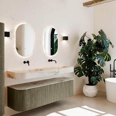 MONDIAZ THOR-DLUX 160cm meuble de salle de bains arrondi gauche + droite couleur Shadow avec 1 tiroir et 2 portes. Vasque suspendue CLOUD Double sans trou de robinet couleur Frappe.