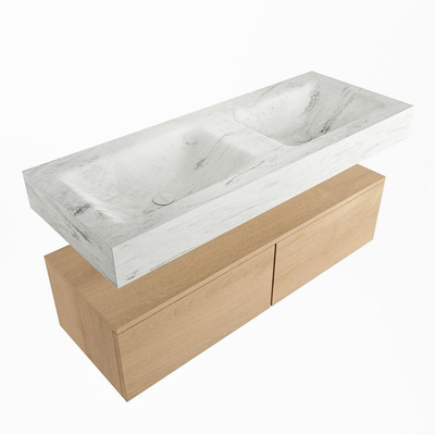 Mondiaz ALAN-DLUX Ensemble de meuble - 120cm - meuble Washed Oak mat - 2 tiroirs - Lavabo Cloud Opalo suspendu - vasque Gauche et droite - 2 trous de robinet