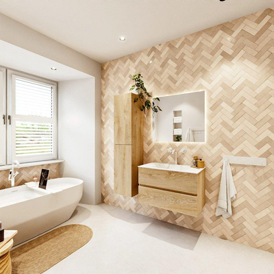 MONDIAZ VICA meuble sous lavabo 80cm Chêne blanchi 2 tiroirs. Lavabo CLOUD centre 1 trou de robinet, couleur Talc.