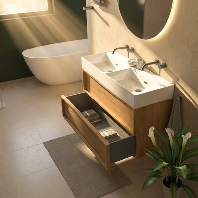 Saniclass Holz Frame Ensemble de meubles de salle de bains - 120x45x72cm - Legend lavabo en céramique blanc - 2 vasques - sans trous de robinetterie - 2 tiroirs - chêne natural mat (bois)