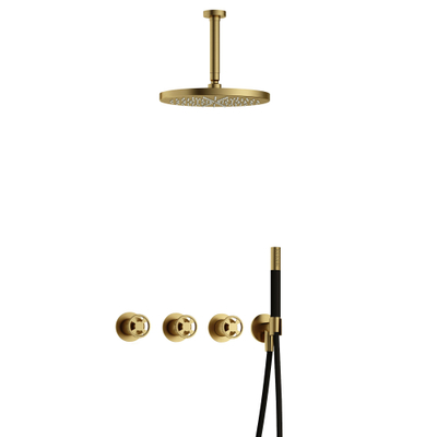 Hotbath Cobber @Work Regendoucheset - inbouw - 15cm plafondarm - 30cm ronde hoofddouche - staafhanddouche - Geborsteld messing PVD