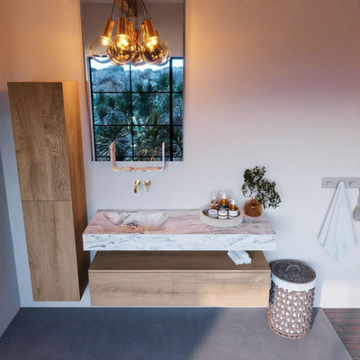 MONDIAZ ALAN - DLUX Ensemble de meubles de salle de bains - 130cm - meuble bas - Washed Oak - 1 tiroir - lavabo suspendu - vasque à gauche - 0 trous de robinet - Glace