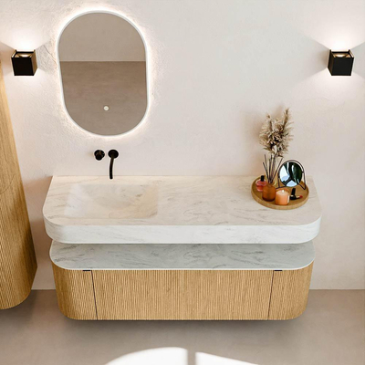 MONDIAZ THOR-DLUX 150cm meuble de salle de bains arrondi gauche + droite couleur Oak avec 1 tiroir et 2 portes. Vasque suspendue CLOUD gauche sans trou de robinet couleur Opalo.