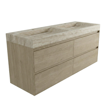 Forzalaqua Ibiza Badkamermeubelset - 140x50x70cm - 4 lades - travertin wastafel - 2 kraangaten - steunenset - afvoerplug - smoke