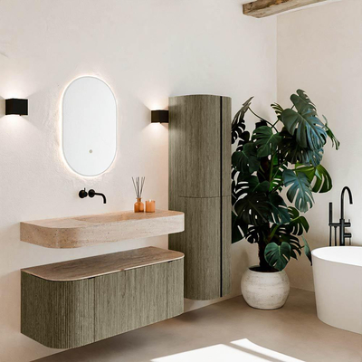 MONDIAZ THOR-DLUX Meuble de salle de bains 110cm arrondi gauche + droite couleur Shadow avec 1 tiroir et 2 portes. Vasque suspendue CLOUD Milieu sans trou de robinet couleur Saba.