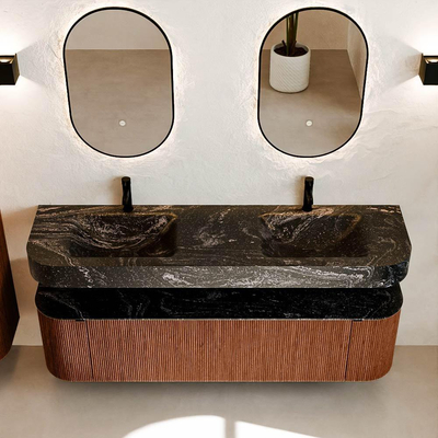 MONDIAZ THOR-DLUX 170cm meuble de salle de bains arrondi gauche + droite couleur Ruby avec 1 tiroir et 2 portes. Vasque suspendue CLOUD Double 2 trous de robinet couleur Lava.