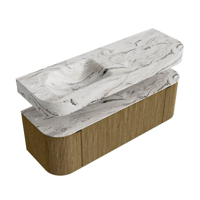 MONDIAZ THOR-DLUX 140cm meuble de salle de bains arrondi gauche + droite couleur Dusk avec 1 tiroir et 2 portes. Vasque suspendue CLOUD gauche 1 trou de robinet couleur Glace.