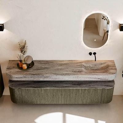 MONDIAZ THOR-DLUX 200cm meuble de salle de bains arrondi gauche + droite couleur Shadow avec 2 tiroirs et 2 portes. Vasque suspendue CLOUD Droite sans trou de robinet couleur Oza.