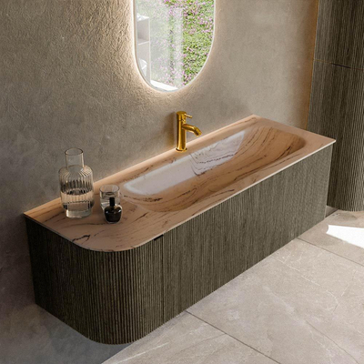 MONDIAZ KURVE-DLUX 135cm meuble de salle de bains arrondi gauche couleur Shadow avec 1 tiroir et 1 porte. Lavabo BIG MEDIUM droit 1 trou de robinet Arena.