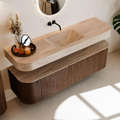 MONDIAZ THOR-DLUX 160cm meuble de salle de bains arrondi gauche + droite couleur Walnut avec 1 tiroir et 2 portes. Vasque suspendue CLOUD Milieu sans trou de robinet couleur Saba.