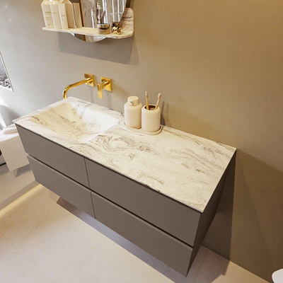 Mondiaz VICA-DLUX ensemble de meuble de salle de bain - 120cm - meuble sous-vasque fumée - 4 tiroirs - lavabo encastré nuage gauche - sans trous de robinet - version haute de 60cm - glace