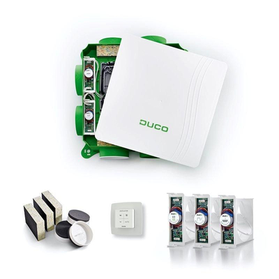 Paket Duco All-in-one avec DucoBox Focus, 2 vannes de régulation CO2, vanne de régulation d'humidité, interrupteur de commande et paquet Silent Plus