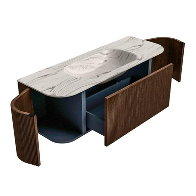 MONDIAZ KURVE-DLUX Meuble de salle de bains 130cm arrondi Gauche + Droite couleur Walnut avec 1 tiroir et 2 portes. Plan-vasque BIG SMALL Central sans trou de robinet Nata.