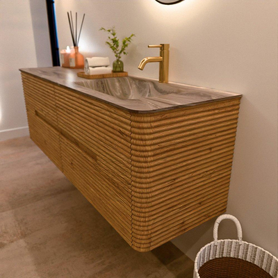 Mondiaz CIRO-DLUX Badkamermeubelset - 150x45x50cm - Solid surface wastafel Sombra - 1 wasbak Rechts - 1 kraangat - 4 lades - Oak