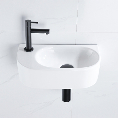 QeramiQ Fuente set de fontaine - 40x21,5x12 cm - gauche - lisse - semi-circulaire - 1 trou pour robinet - céramique - robinet de fontaine blanc mat - bouchon de vidange - siphon abaissé - blanc brillant