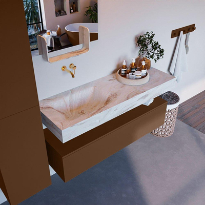 Mondiaz ALAN-DLUX Ensemble de meuble - 130cm - meuble Rust mat - 1 tiroir - Lavabo Cloud Frappe suspendu - vasque Gauche - 0 trous de robinet