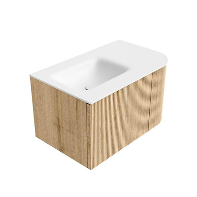 MONDIAZ KURVE 75cm Meuble salle de bain avec module 25 D - couleur Oak - 1 tiroir - 1 porte - vasque GRUNNE gauche - sans trous de robinet - Talc