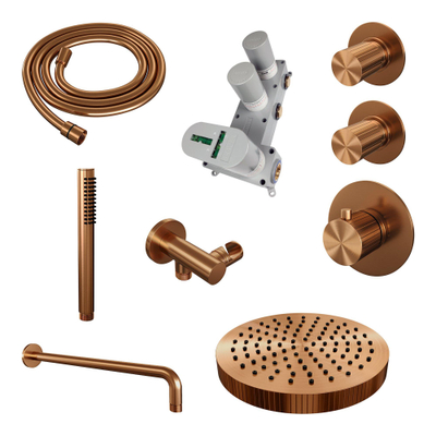 BRAUER Stripe Thermostatische Inbouw Regendouche - SET 02 - 25cm douchekop - gebogen muurarm - staaf handdouche - doucheslang - wandaansluitbocht - koper geborsteld PVD