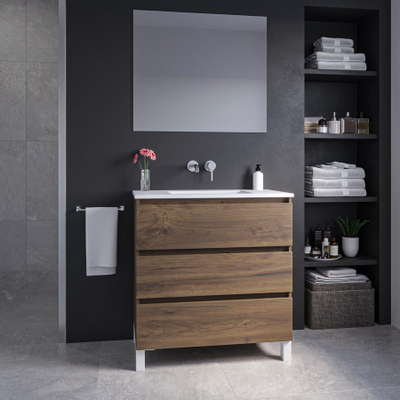Saniclass Chaci PLUS Meuble de salle de bain - 80x86x46cm - lavabo en céramique blanc - 1 vasque - sans trous de robinet - 3 tiroirs - miroir rectangulaire - noyer (hout)