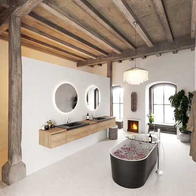 MONDIAZ BUKLA 280cm ensemble de meuble avec module 40 couleur Chêne blanchi avec 5 tiroirs. Lavabo CLOUD double 2 trous de robinet couleur Urbaine.