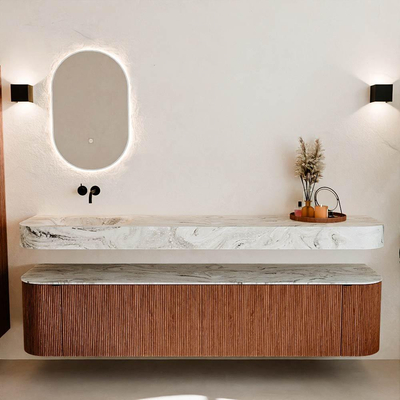 MONDIAZ THOR-DLUX 200cm meuble de salle de bains arrondi gauche + droite couleur Ruby avec 2 tiroirs et 2 portes. Vasque suspendue CLOUD Gauche sans trou de robinet couleur Glace.