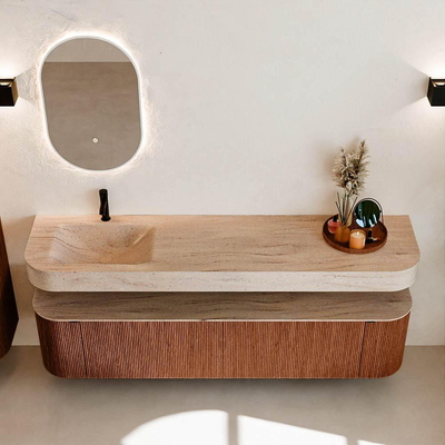 MONDIAZ THOR-DLUX Meuble de salle de bains - 190cm - arrondi gauche + droite - couleur Ruby - 2 tiroirs - 2 portes - Vasque suspendue CLOUD Gauche 1 trou de robinet - couleur Saba